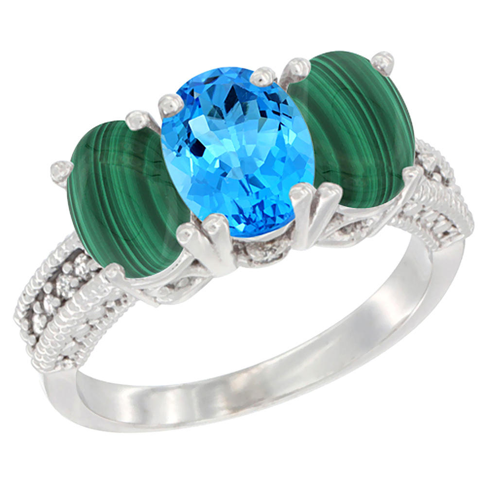 Sabrina Silver 14K White Gold Natural Swiss Blue Topaz Ring with Malachite 3-Stone 7x5 mm Oval Diamond Accent, sizes 5 - 10