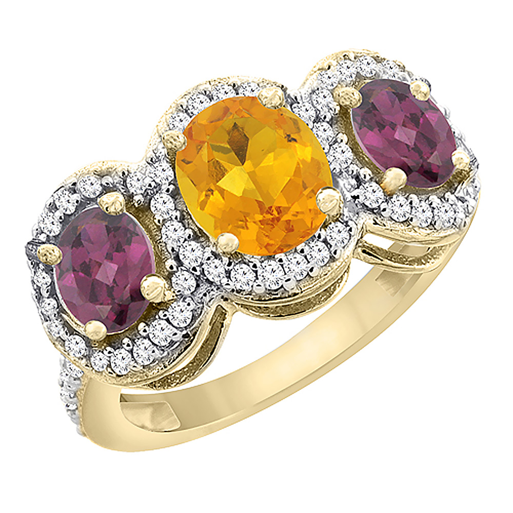Sabrina Silver 10K Yellow Gold Natural Citrine & Rhodolite 3-Stone Ring Oval Diamond Accent, sizes 5 - 10