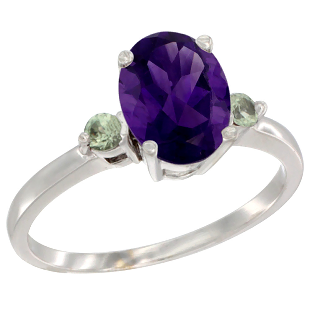 Sabrina Silver 10K White Gold Natural Amethyst Ring Oval 9x7 mm Green Sapphire Accent, sizes 5 to 10