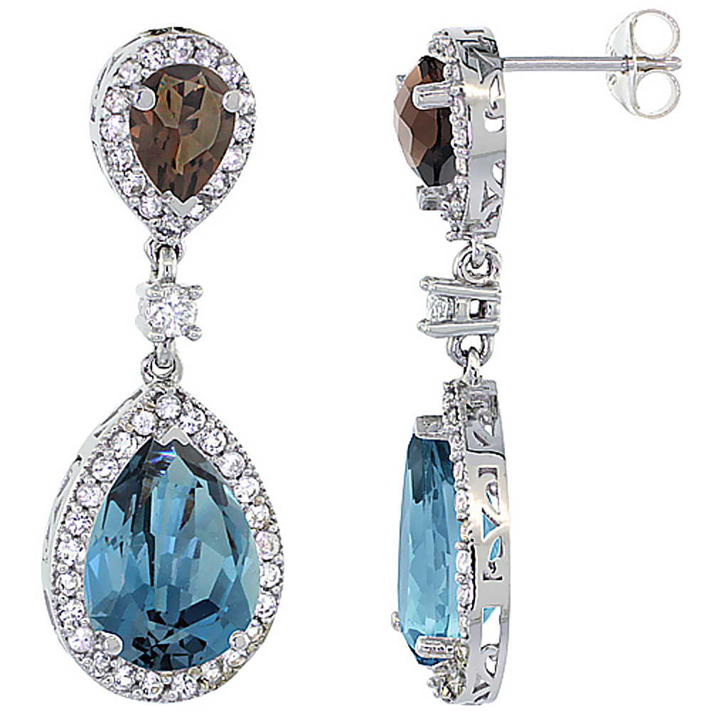 Sabrina Silver 14K White Gold Natural London Blue & Smoky Topazes Teardrop Earrings White Sapphire & Diamond
