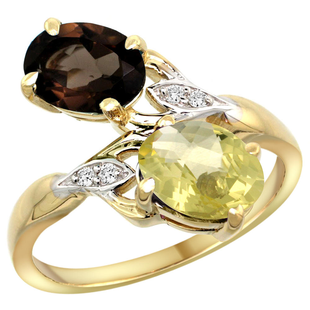 Sabrina Silver 14k Yellow Gold Diamond Natural Smoky Topaz & Lemon Quartz 2-stone Ring Oval 8x6mm, sizes 5 - 10