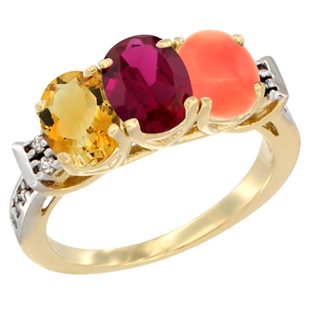 Sabrina Silver 14K Yellow Gold Natural Citrine, Enhanced Ruby & Natural Coral Ring 3-Stone 7x5 mm Oval Diamond Accent, sizes 5 - 10