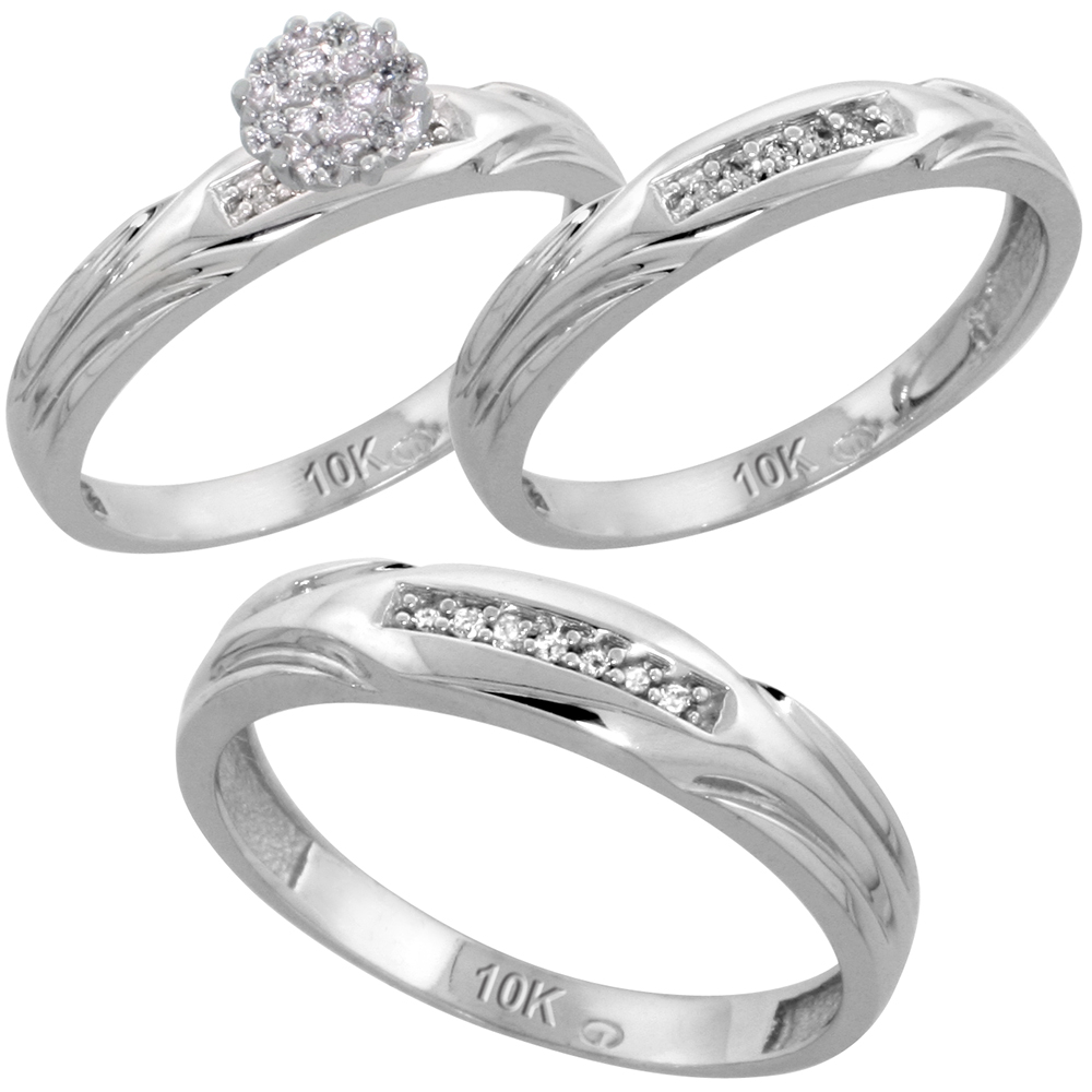 Sabrina Silver 10k White Gold Diamond Trio Wedding Ring Set 3-piece His & Hers 4.5 & 3.5 mm 0.13 cttw, sizes 5  14