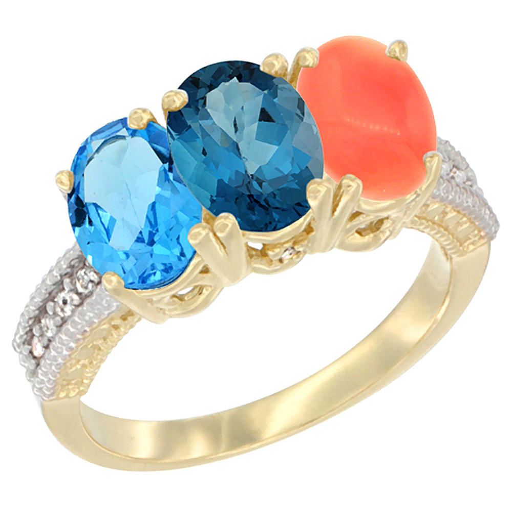 Sabrina Silver 14K Yellow Gold Natural Swiss Blue Topaz, London Blue Topaz & Coral Ring 3-Stone 7x5 mm Oval Diamond Accent, sizes 5 - 10