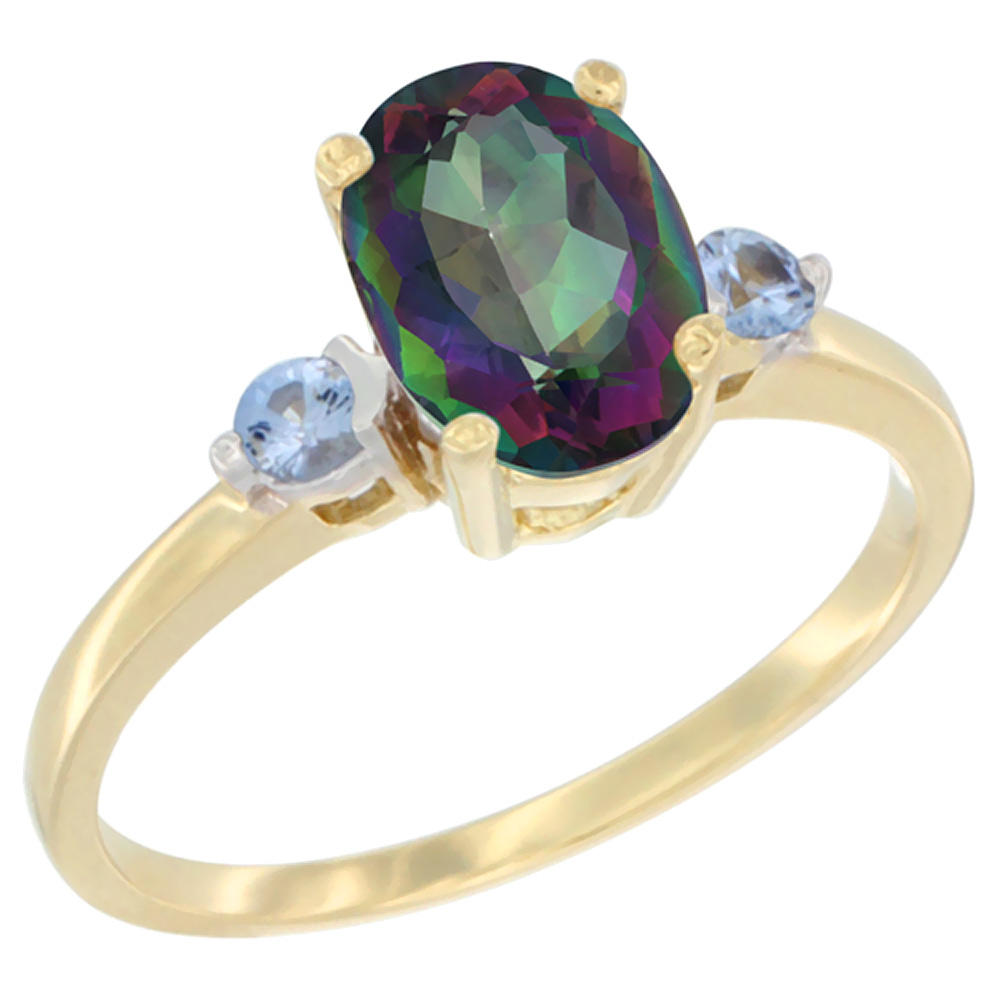 Sabrina Silver 10K Yellow Gold Natural Mystic Topaz Ring Oval 9x7 mm Light Blue Sapphire Accent, sizes 5 to 10