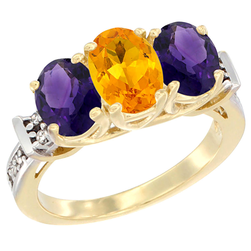 Sabrina Silver 10K Yellow Gold Natural Citrine & Amethyst Sides Ring 3-Stone Oval Diamond Accent, sizes 5 - 10