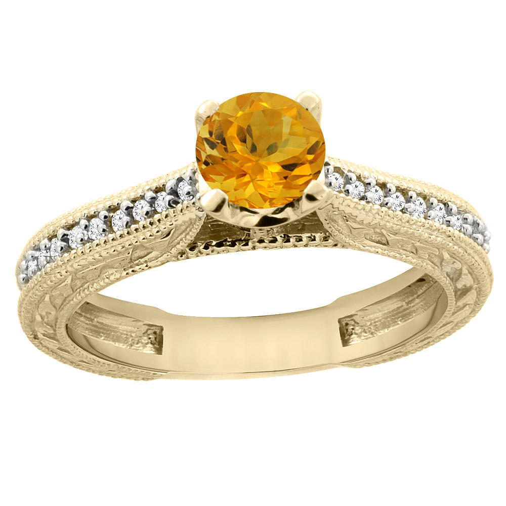 Sabrina Silver 14K Yellow Gold Natural Citrine Round 5mm Engraved Engagement Ring Diamond Accents, sizes 5 - 10