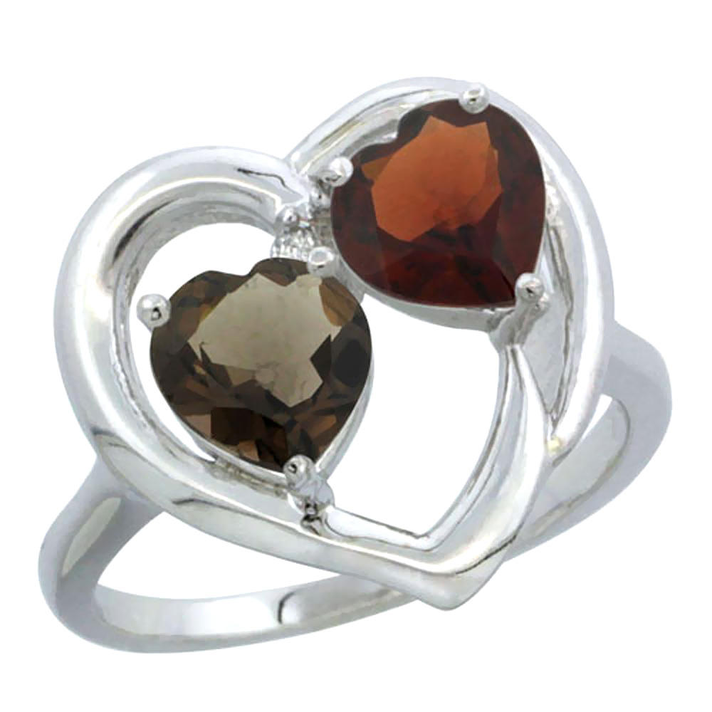 Sabrina Silver 10K White Gold Diamond Two-stone Heart Ring 6mm Natural Smoky Topaz & Garnet, sizes 5-10