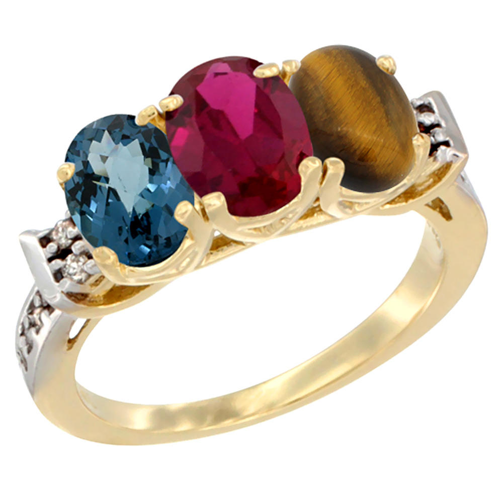 Sabrina Silver 10K Yellow Gold Natural London Blue Topaz, Enhanced Ruby & Natural Tiger Eye Ring 3-Stone Oval 7x5 mm Diamond Accent, sizes 5 -
