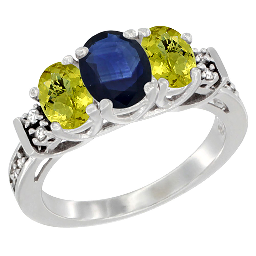Sabrina Silver 10K White Gold Natural Blue Sapphire & Lemon Quartz Ring 3-Stone Oval Diamond Accent, sizes 5-10