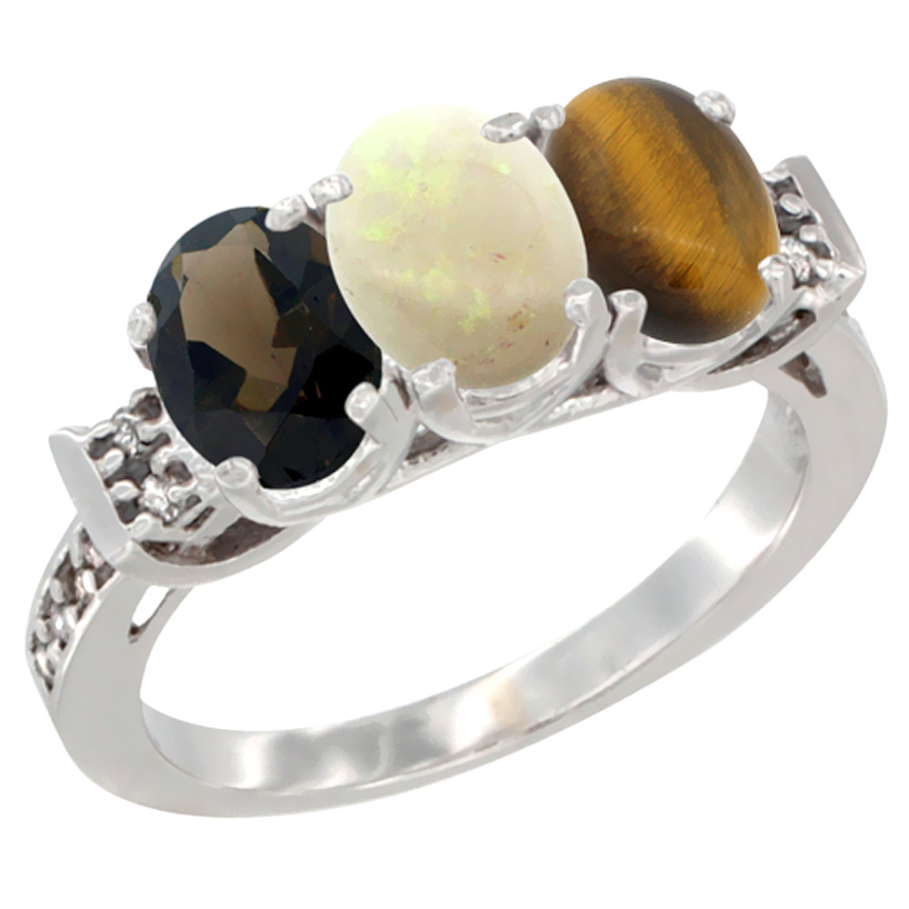 Sabrina Silver 14K White Gold Natural Smoky Topaz, Opal & Tiger Eye Ring 3-Stone Oval 7x5 mm Diamond Accent, sizes 5 - 10