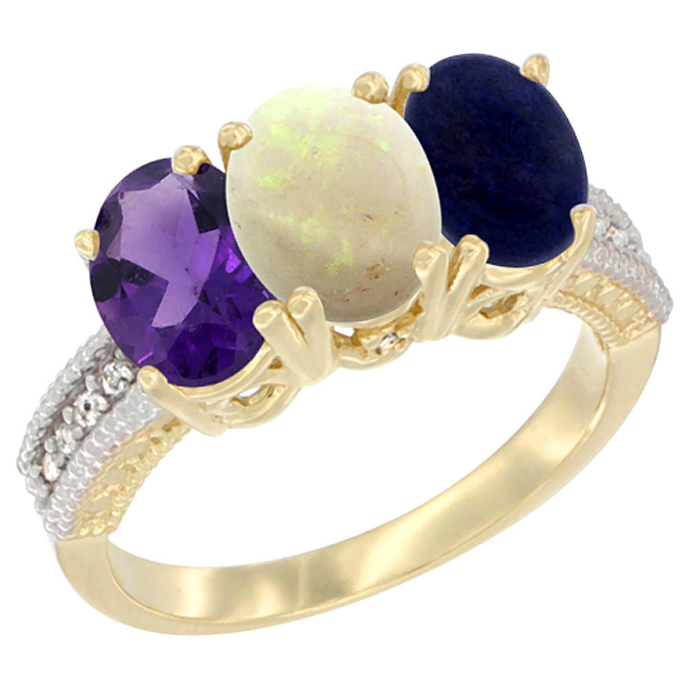 Sabrina Silver 14K Yellow Gold Natural Amethyst, Opal & Lapis Ring 3-Stone 7x5 mm Oval Diamond Accent, sizes 5 - 10