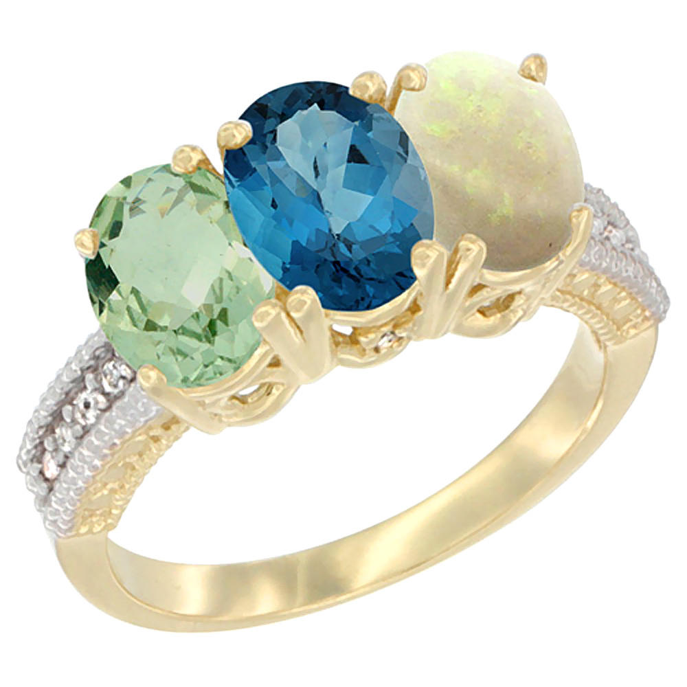 Sabrina Silver 10K Yellow Gold Diamond Natural Green Amethyst, London Blue Topaz & Opal Ring Oval 3-Stone 7x5 mm,sizes 5-10