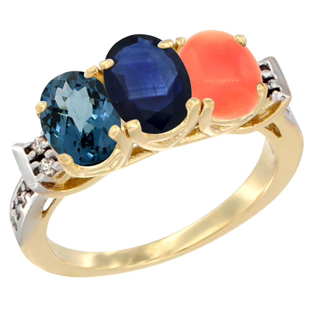 Sabrina Silver 14K Yellow Gold Natural London Blue Topaz, Blue Sapphire & Coral Ring 3-Stone 7x5 mm Oval Diamond Accent, sizes 5 - 10