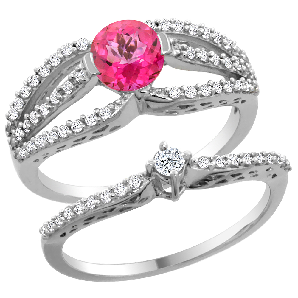 Sabrina Silver 14K White Gold Natural Pink Topaz 2-piece Engagement Ring Set Round 5mm, sizes 5 - 10