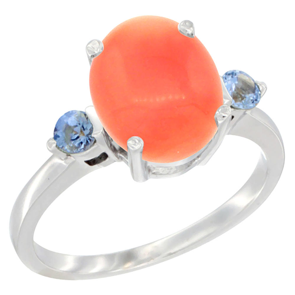 Sabrina Silver 10K White Gold 10x8mm Oval Natural Coral Ring for Women Light Blue Sapphire Side-stones sizes 5 - 10