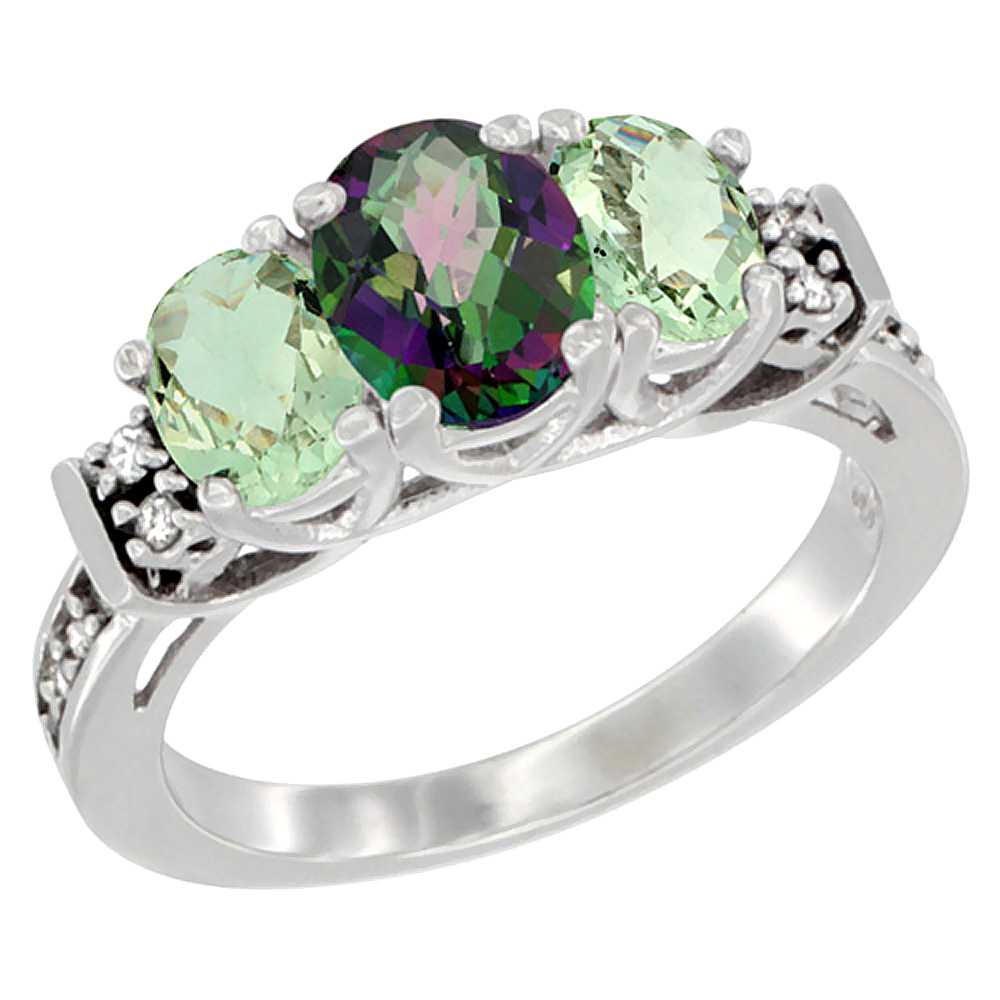 Sabrina Silver 14K White Gold Natural Mystic Topaz & Green Amethyst Ring 3-Stone Oval Diamond Accent, sizes 5-10