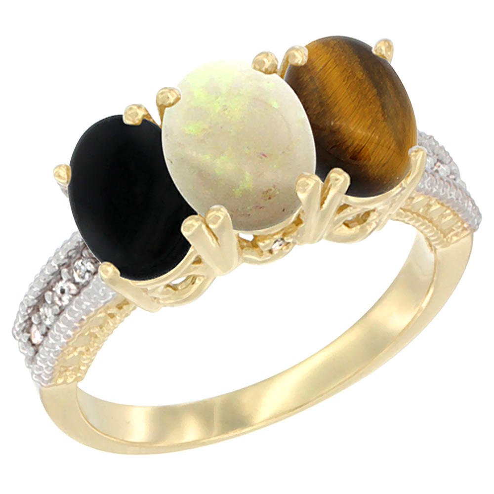 Sabrina Silver 10K Yellow Gold Diamond Natural Black Onyx, Opal & Tiger Eye Ring 3-Stone 7x5 mm Oval, sizes 5 - 10