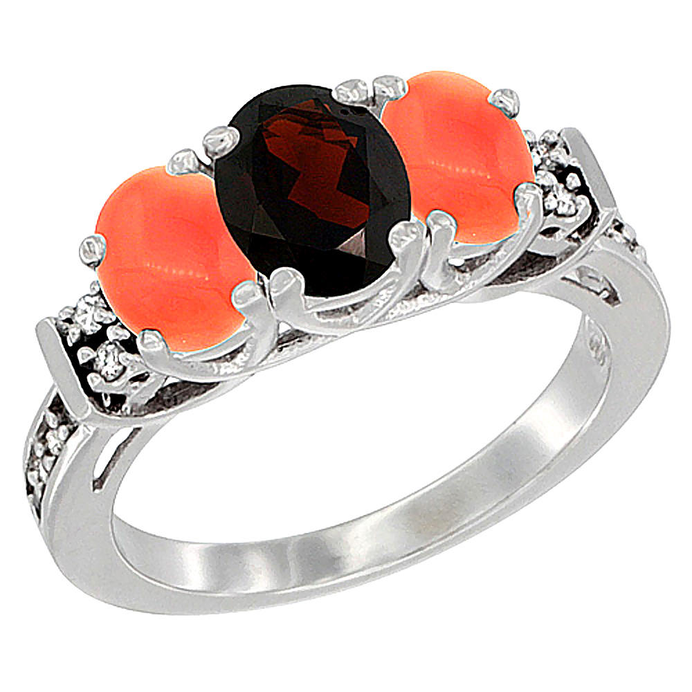 Sabrina Silver 10K White Gold Natural Garnet & Coral Ring 3-Stone Oval Diamond Accent, sizes 5-10