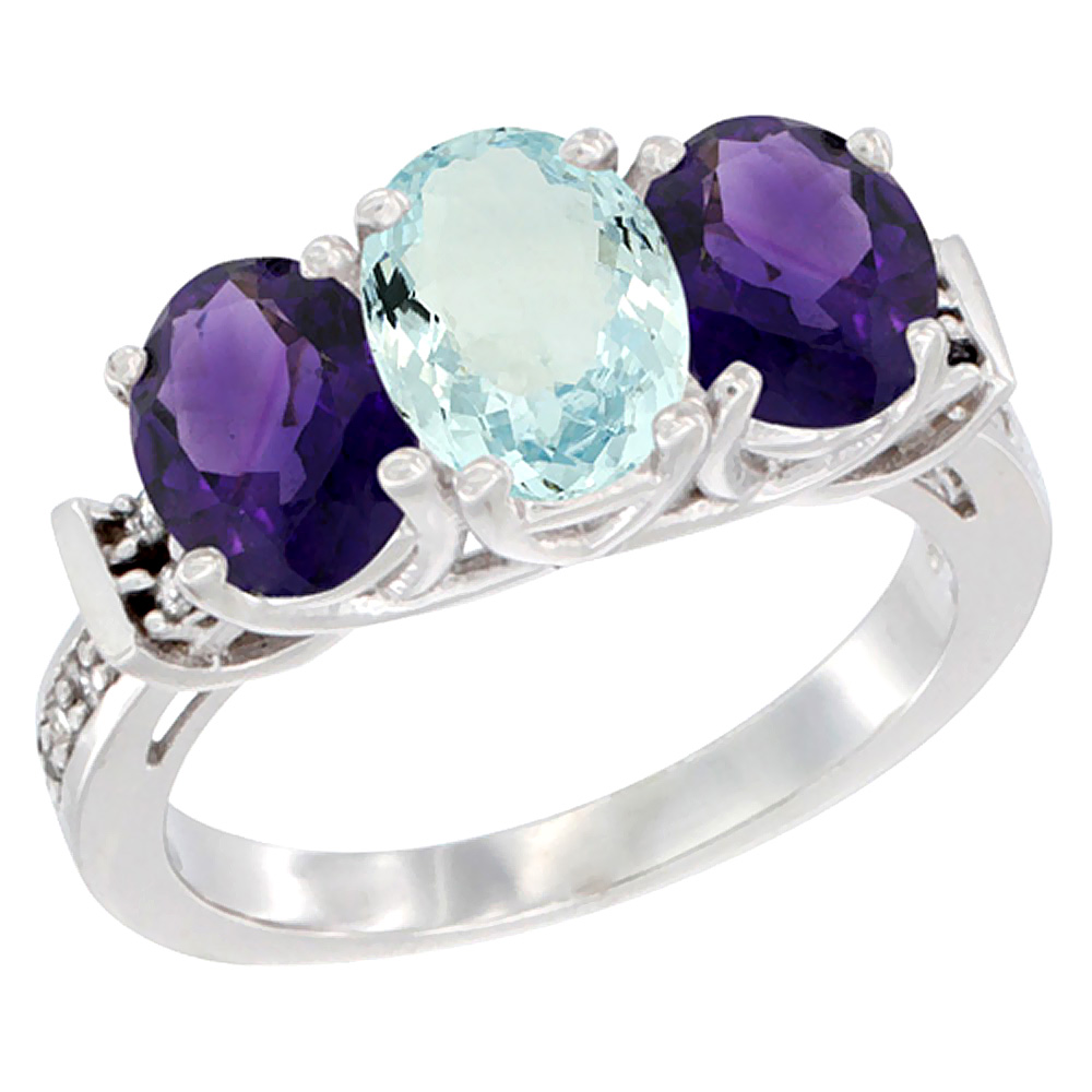 Sabrina Silver 10K White Gold Natural Aquamarine & Amethyst Sides Ring 3-Stone Oval Diamond Accent, sizes 5 - 10
