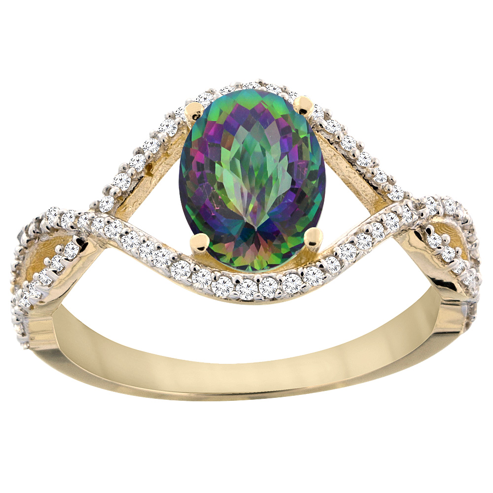 Sabrina Silver 14K Yellow Gold Natural Mystic Topaz Ring Oval 8x6 mm Infinity Diamond Accents, sizes 5 - 10