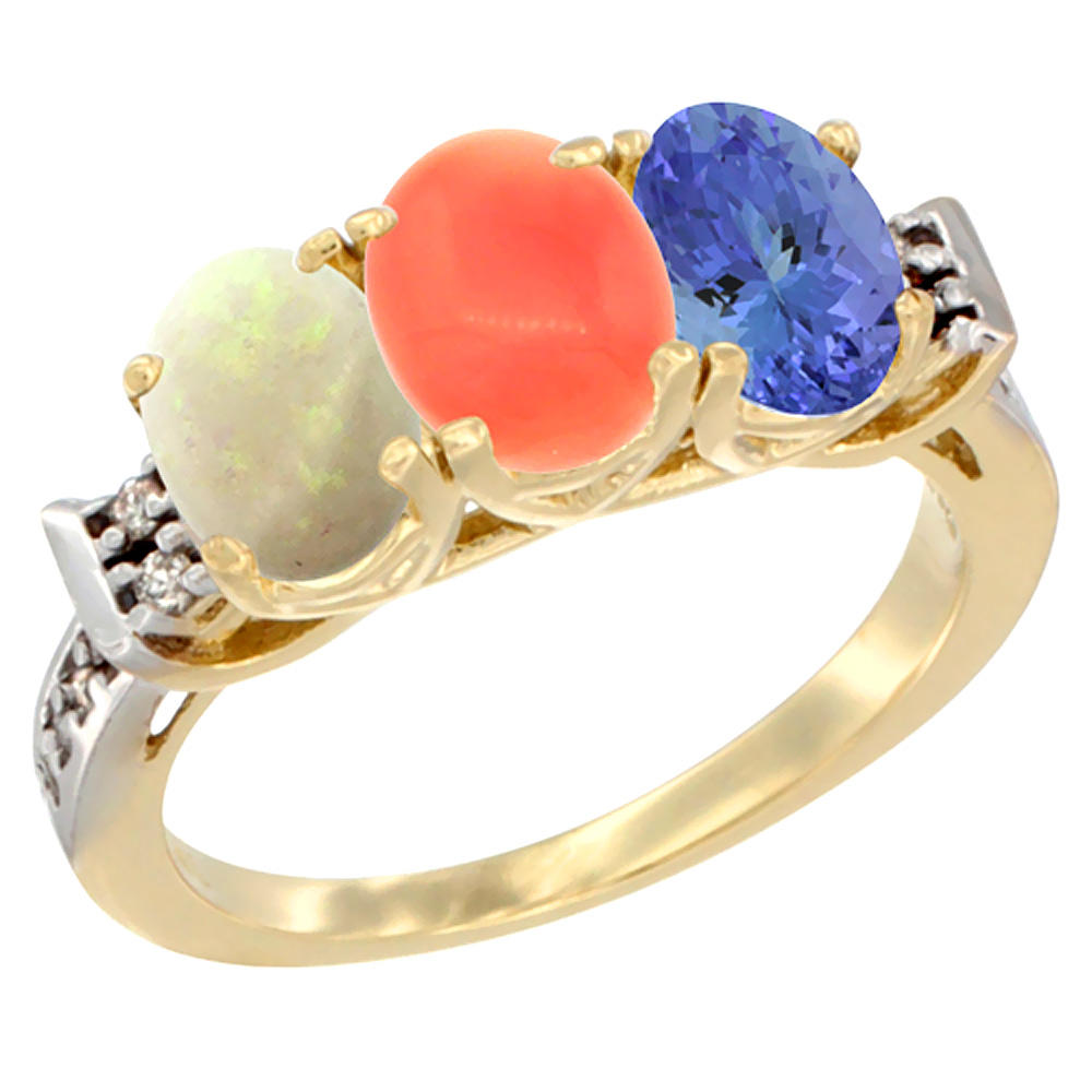 Sabrina Silver 10K Yellow Gold Natural Opal, Coral & Tanzanite Ring 3-Stone Oval 7x5 mm Diamond Accent, sizes 5 - 10