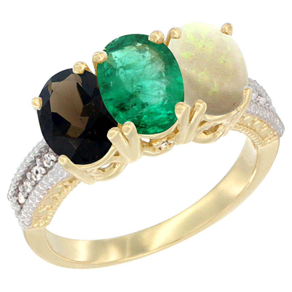 Sabrina Silver 14K Yellow Gold Natural Smoky Topaz, Emerald & Opal Ring 3-Stone 7x5 mm Oval Diamond Accent, sizes 5 - 10