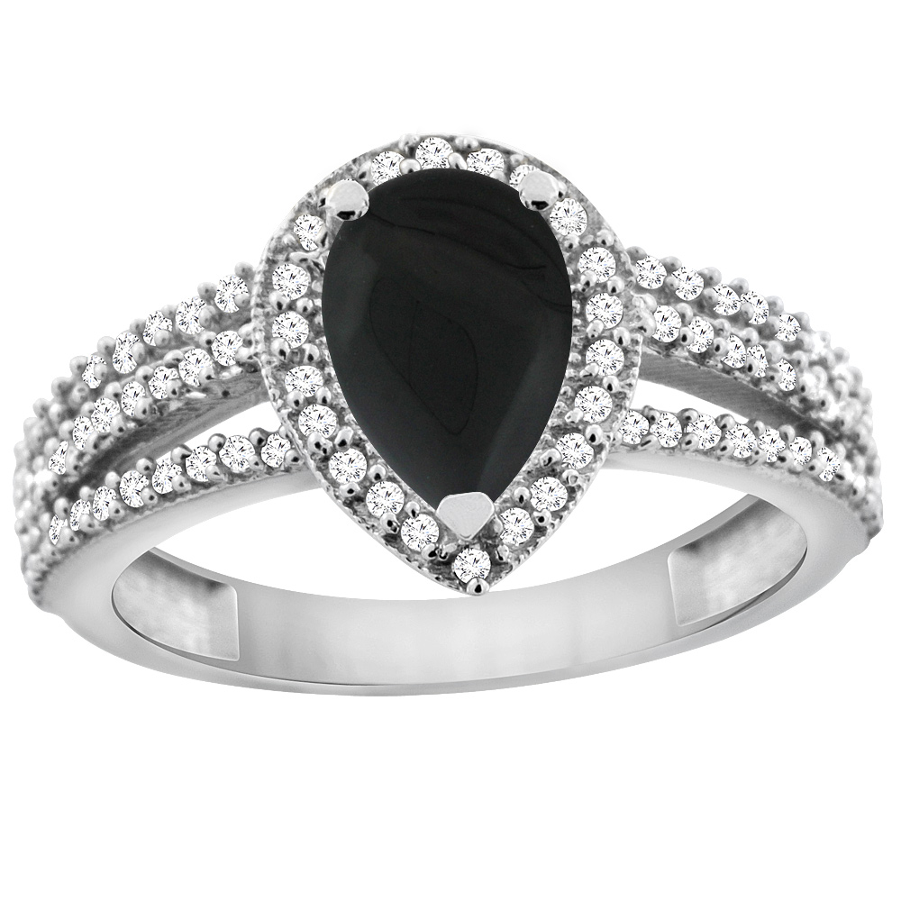 Sabrina Silver 10K White Gold Natural Black Onyx Ring 9x7 Pear Halo Diamond, sizes 5 - 10