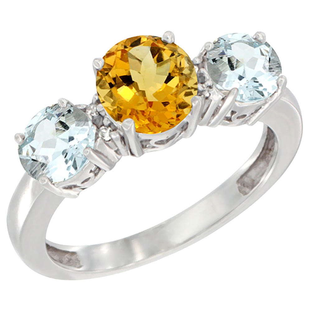 Sabrina Silver 10K White Gold Round 3-Stone Natural Citrine Ring & Aquamarine Sides Diamond Accent, sizes 5 - 10