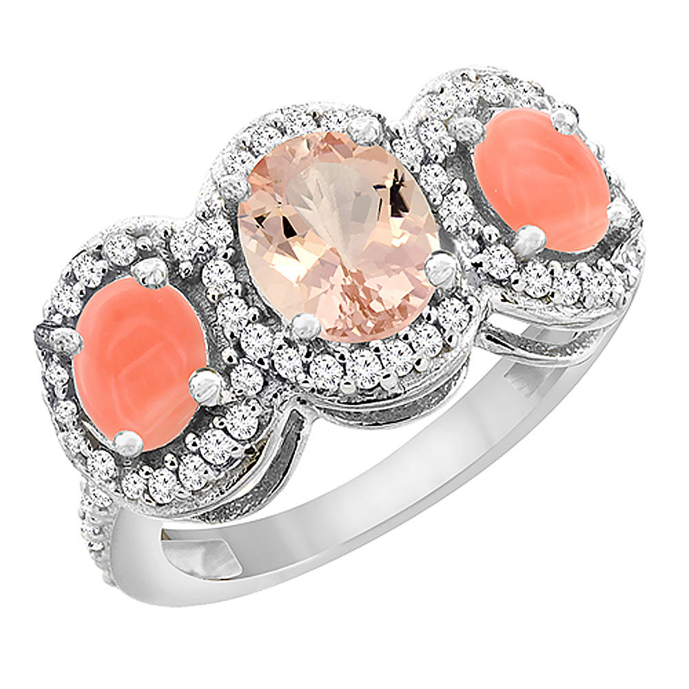 Sabrina Silver 14K White Gold Natural Morganite & Coral 3-Stone Ring Oval Diamond Accent, sizes 5 - 10