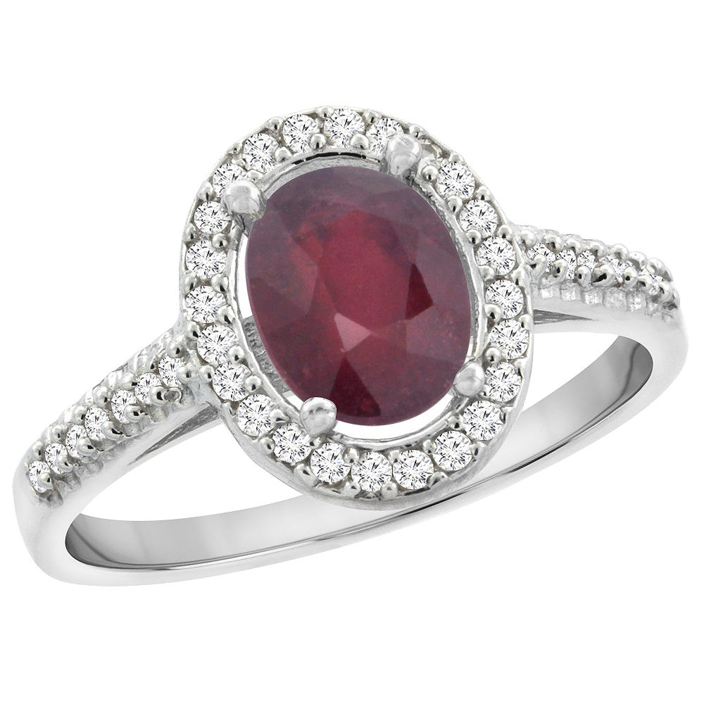 Sabrina Silver 10K White Gold Enhanced Genuine Ruby Engagement Ring Oval 7x5 mm Diamond Halo, sizes 5 - 10