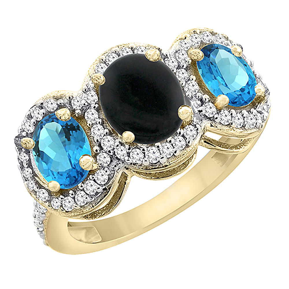 Sabrina Silver 10K Yellow Gold Natural Black Onyx & Swiss Blue Topaz 3-Stone Ring Oval Diamond Accent, sizes 5 - 10