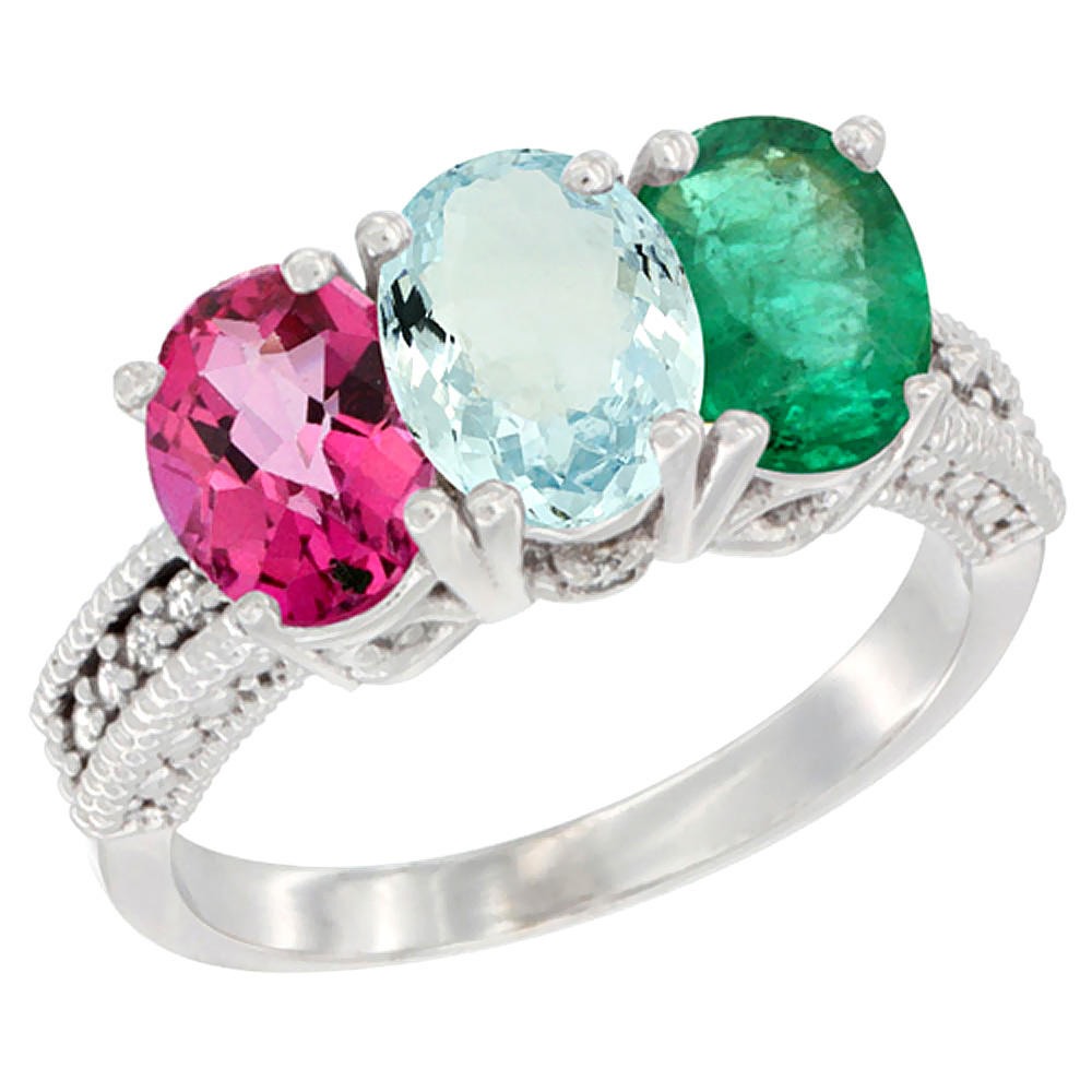 Sabrina Silver 14K White Gold Natural Pink Topaz, Aquamarine & Emerald Ring 3-Stone 7x5 mm Oval Diamond Accent, sizes 5 - 10