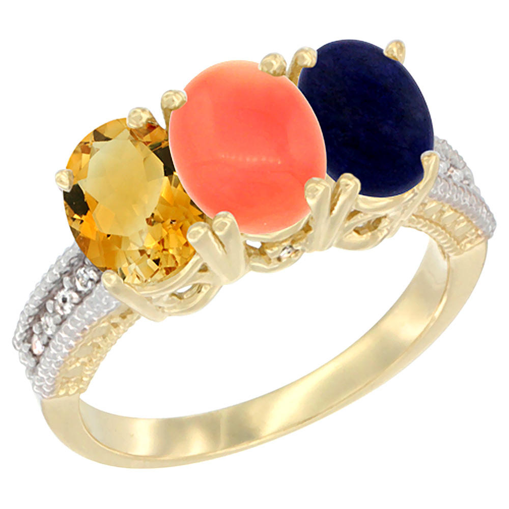 Sabrina Silver 10K Yellow Gold Diamond Natural Citrine, Coral & Lapis Ring 3-Stone 7x5 mm Oval, sizes 5 - 10
