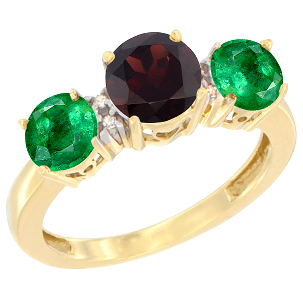 Sabrina Silver 10K Yellow Gold Round 3-Stone Natural Garnet Ring & Emerald Sides Diamond Accent, sizes 5 - 10