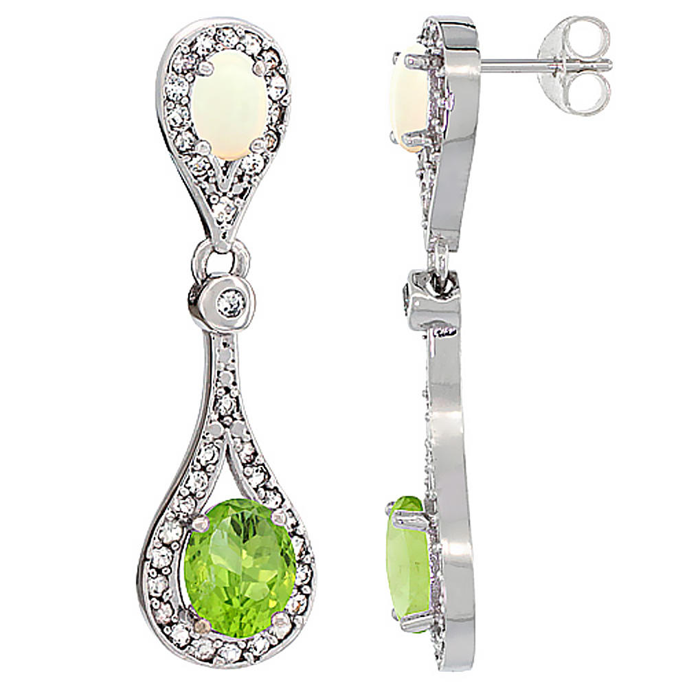 Sabrina Silver 14K White Gold Natural Peridot & Opal Oval Dangling Earrings White Sapphire & Diamond Accents, 1 3/8 inches long