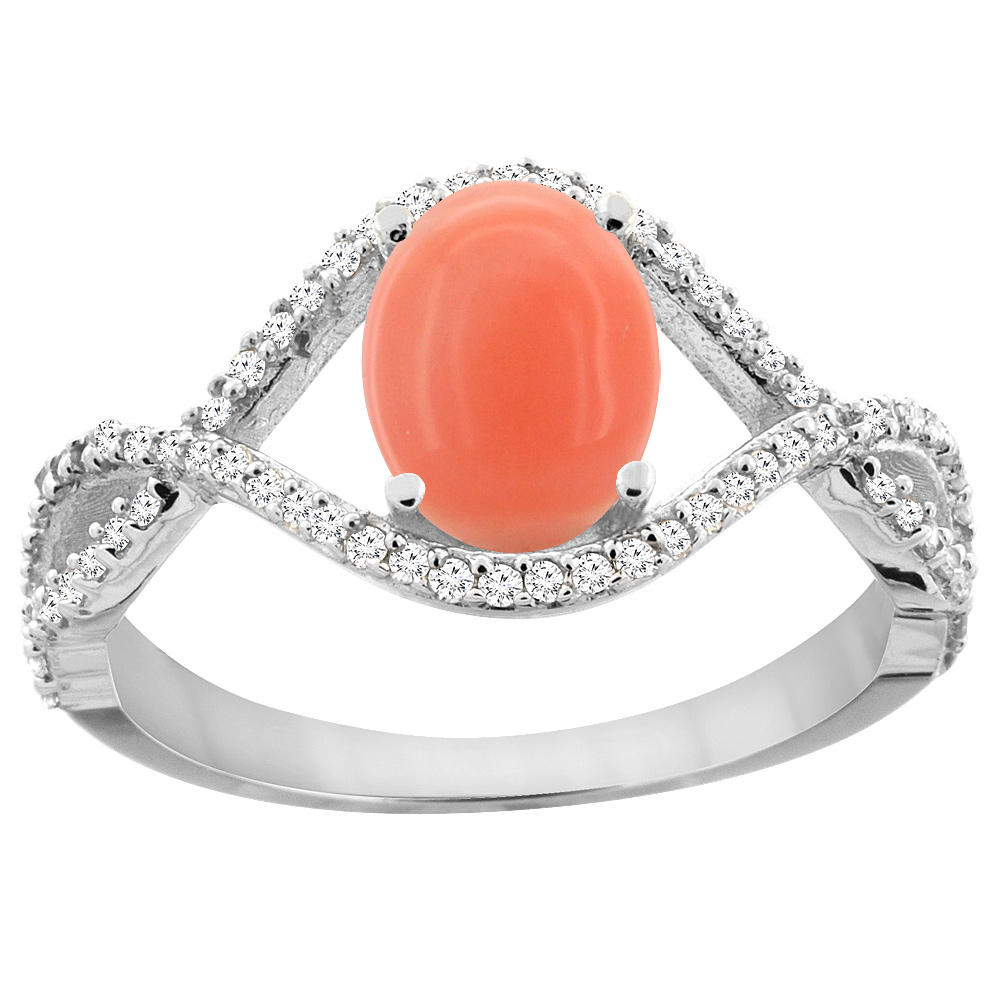 Sabrina Silver 14K White Gold Natural Coral Ring Oval 8x6 mm Infinity Diamond Accents, sizes 5 - 10