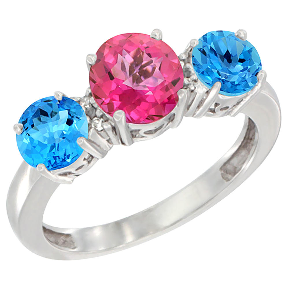 Sabrina Silver 14K White Gold Round 3-Stone Natural Pink Topaz Ring & Swiss Blue Topaz Sides Diamond Accent, sizes 5 - 10