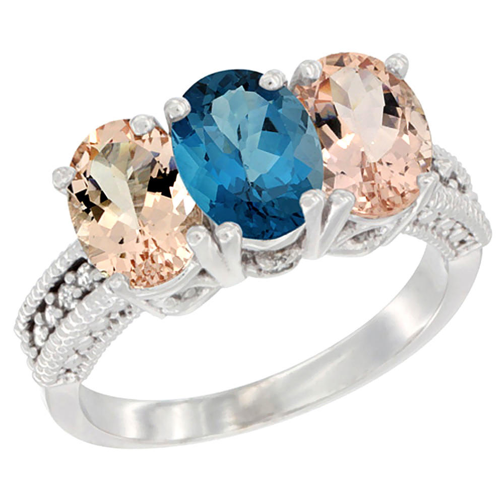 Sabrina Silver 10K White Gold Natural London Blue Topaz & Morganite Sides Ring 3-Stone Oval 7x5 mm Diamond Accent, sizes 5 - 10