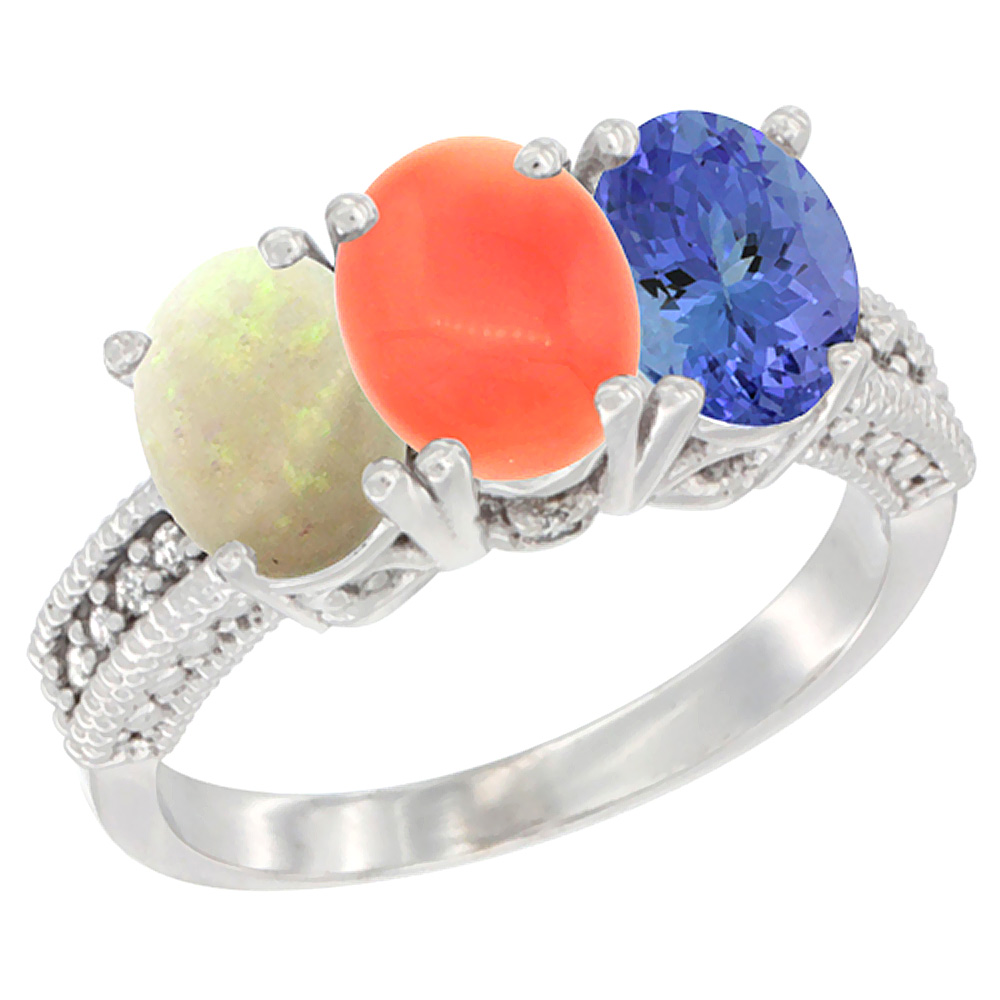 Sabrina Silver 14K White Gold Natural Opal, Coral & Tanzanite Ring 3-Stone 7x5 mm Oval Diamond Accent, sizes 5 - 10