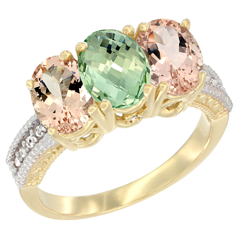 Sabrina Silver 14K Yellow Gold Natural Green Amethyst & Morganite Sides Ring 3-Stone Oval 7x5 mm Diamond Accent, sizes 5 - 10