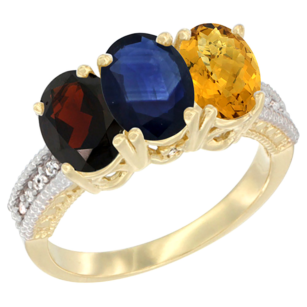 Sabrina Silver 14K Yellow Gold Natural Garnet, Blue Sapphire & Whisky Quartz Ring 3-Stone 7x5 mm Oval Diamond Accent, sizes 5 - 10