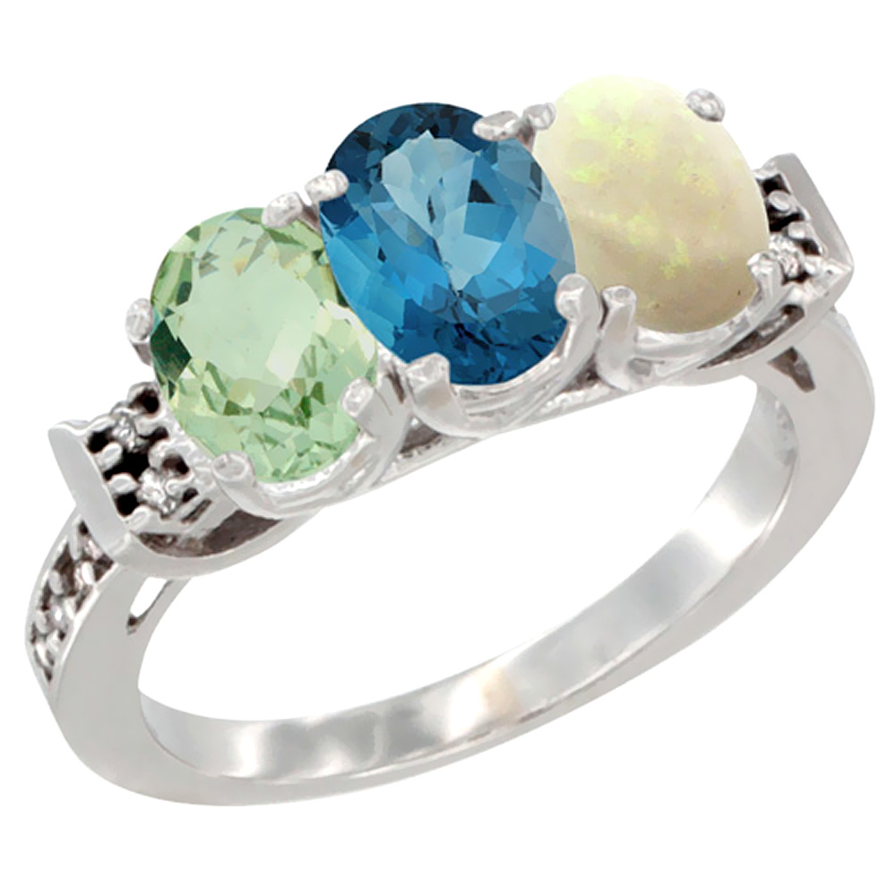 Sabrina Silver 14K White Gold Natural Green Amethyst, London Blue Topaz & Opal Ring 3-Stone 7x5 mm Oval Diamond Accent, sizes 5 - 10