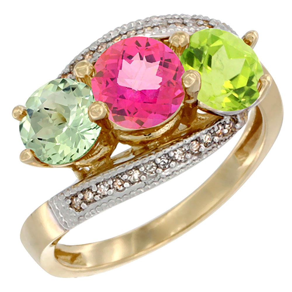 Sabrina Silver 10K Yellow Gold Natural Green Amethyst, Pink Topaz & Peridot 3 stone Ring Round 6mm Diamond Accent, sizes 5 - 10