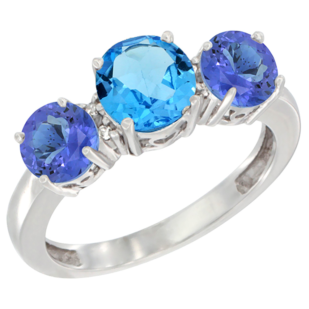 Sabrina Silver 14K White Gold Round 3-Stone Natural Swiss Blue Topaz Ring & Tanzanite Sides Diamond Accent, sizes 5 - 10