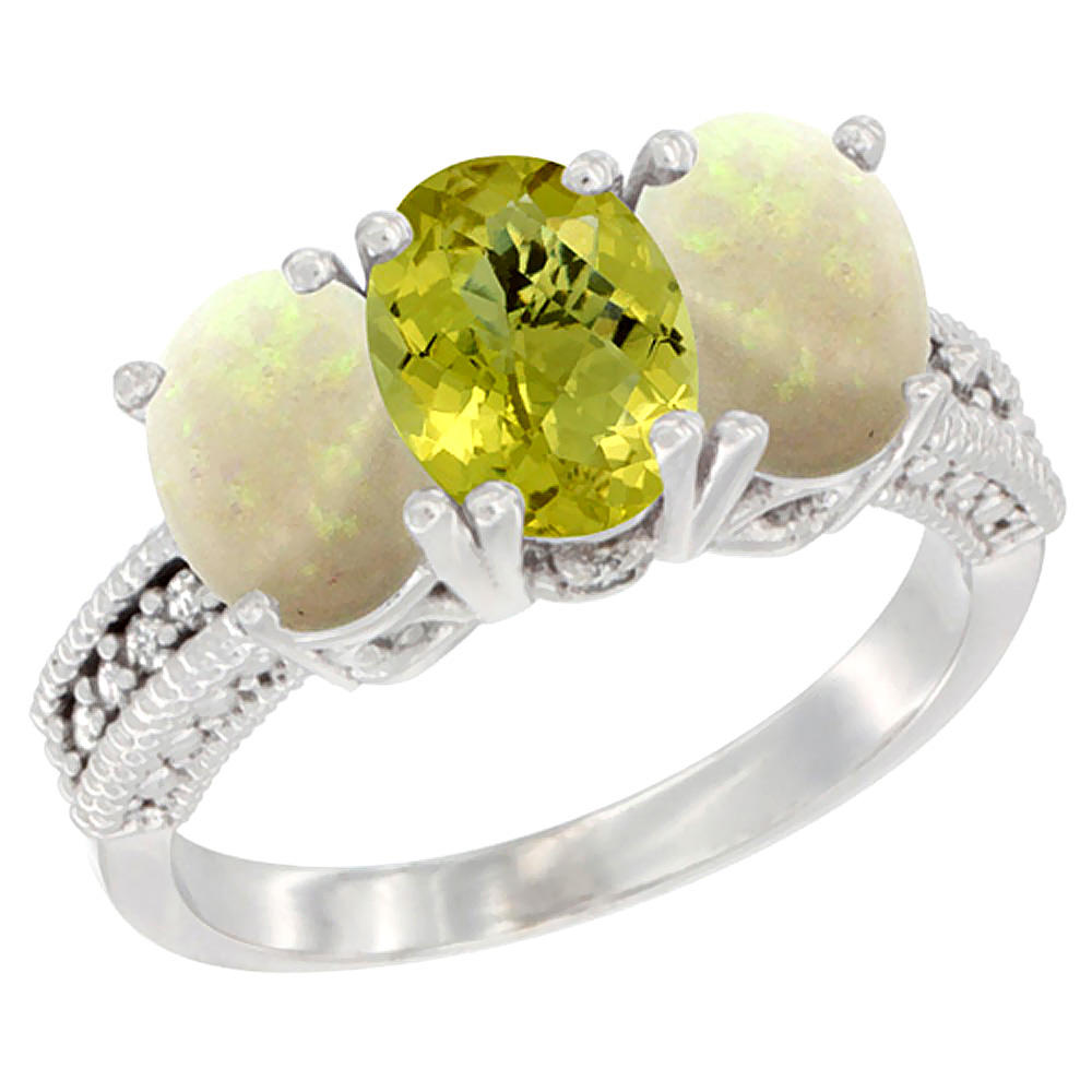 Sabrina Silver 10K White Gold Diamond Natural Lemon Quartz & Opal Ring 3-Stone 7x5 mm Oval, sizes 5 - 10