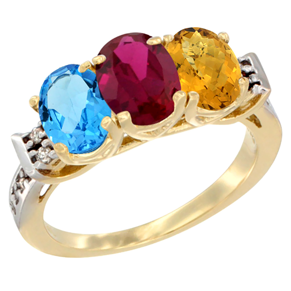 Sabrina Silver 14K Yellow Gold Natural Swiss Blue Topaz, Enhanced Ruby & Natural Whisky Quartz Ring 3-Stone 7x5 mm Oval Diamond Accent, sizes 5