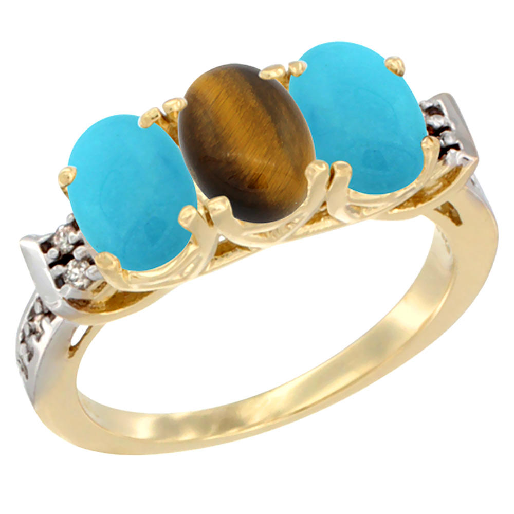 Sabrina Silver 14K Yellow Gold Natural Tiger Eye & Turquoise Sides Ring 3-Stone Oval 7x5 mm Diamond Accent, sizes 5 - 10