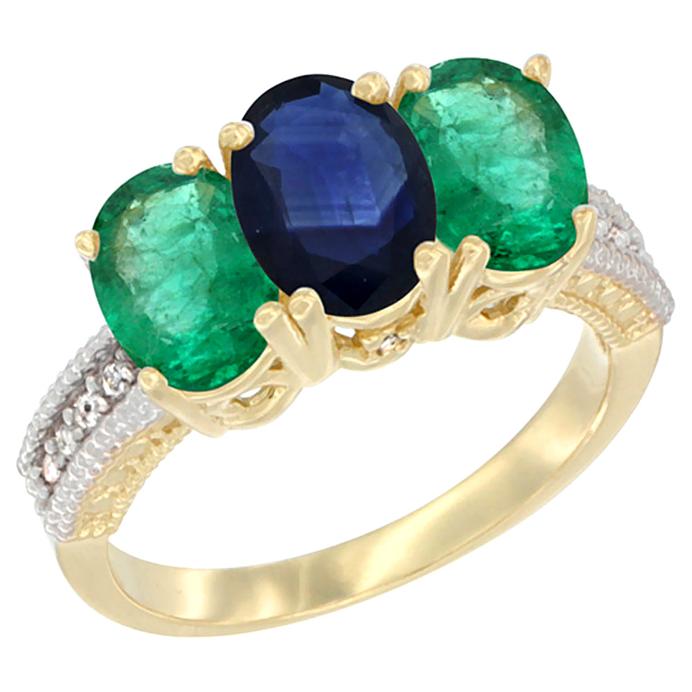 Sabrina Silver 10K Yellow Gold Diamond Natural Blue Sapphire & Emerald Ring 3-Stone 7x5 mm Oval, sizes 5 - 10