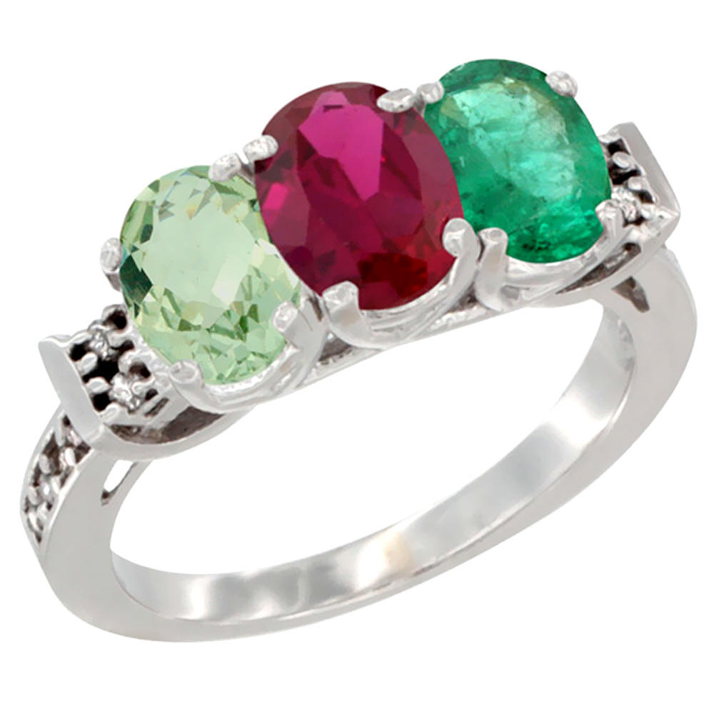 Sabrina Silver 14K White Gold Natural Green Amethyst, Enhanced Ruby & Natural Emerald Ring 3-Stone 7x5 mm Oval Diamond Accent, sizes 5 - 10